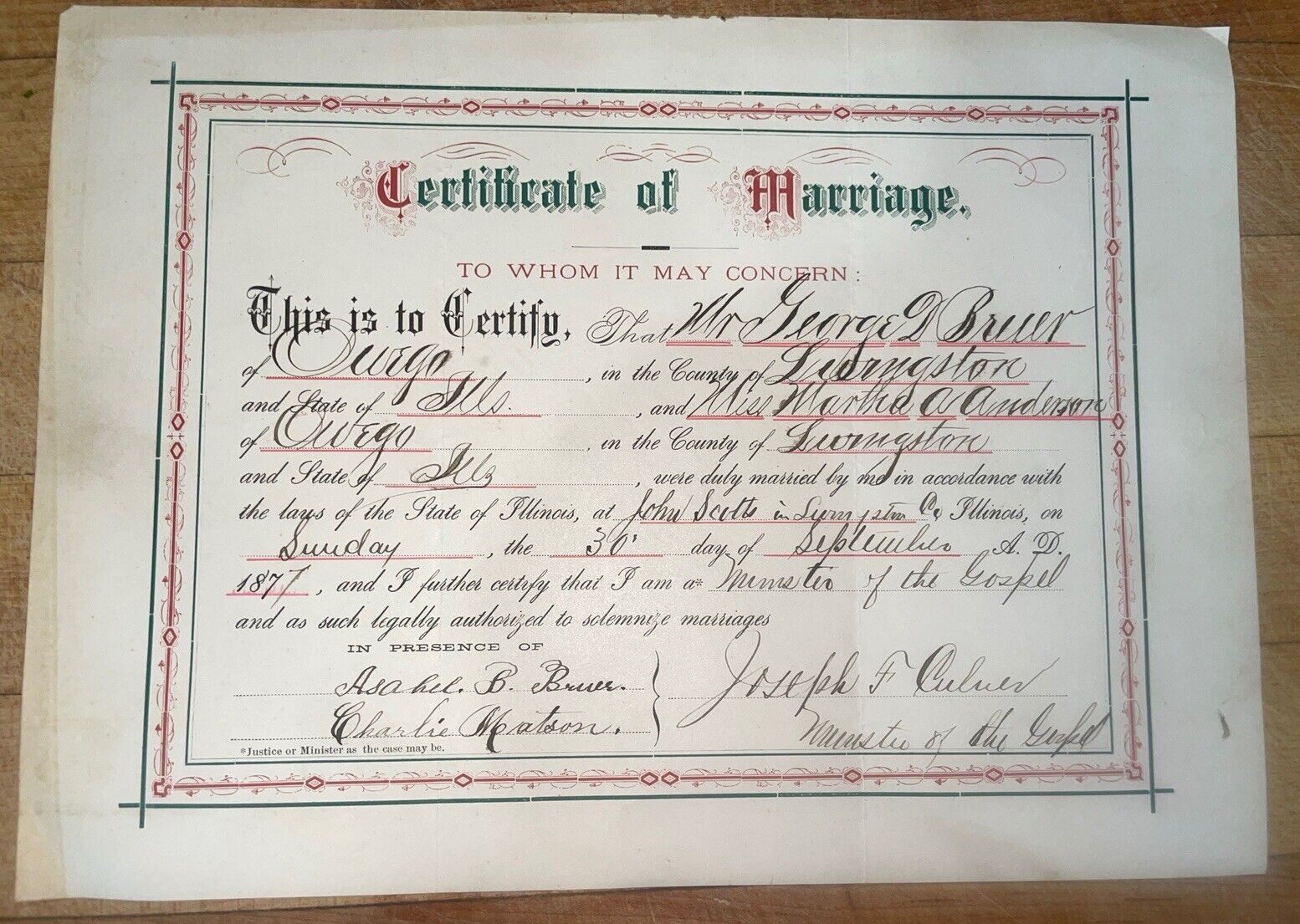 Certificate Of Marriage 1877 George D. Bruer To Martha A. Anderson Sept 30 1877.