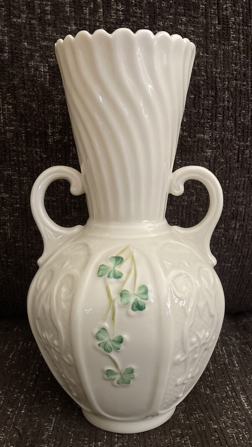 BELLEEK Shamrock Scalloped Bud Vase w/Handles Ireland 6th Green Mark 8\
