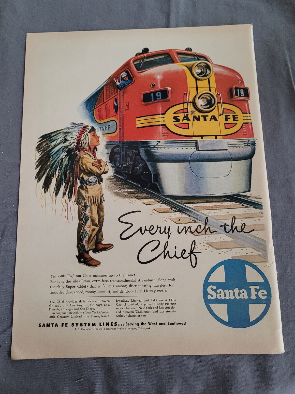 VTG 1948 Original Magazine Ad Santa Fe Train Every Inch The Chief