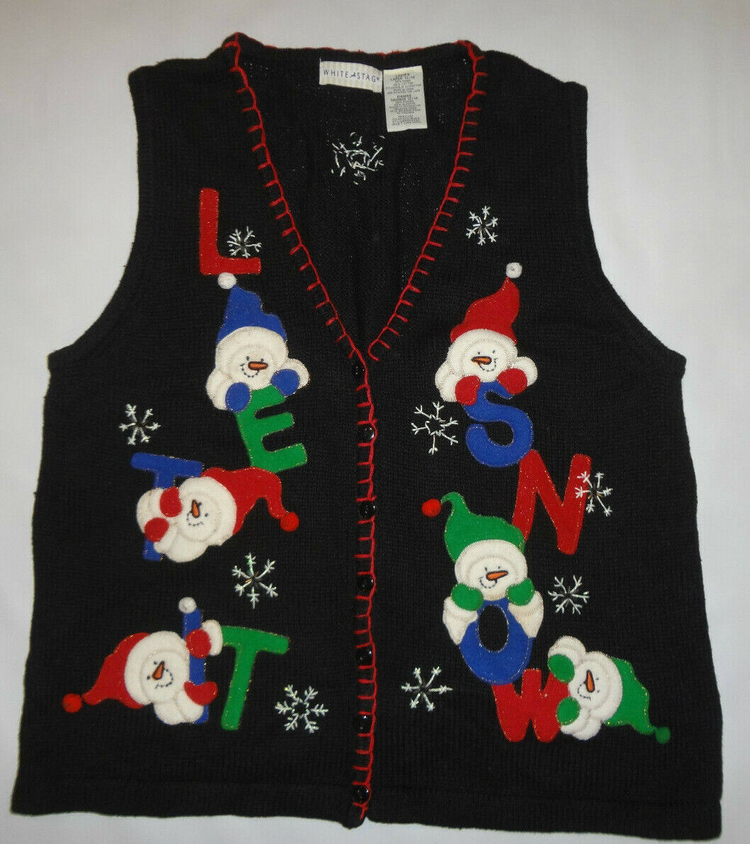 Christmas Ugly Sweater Vest Womens WHITE STAG Black Size Large Snowmen Snow CUTE