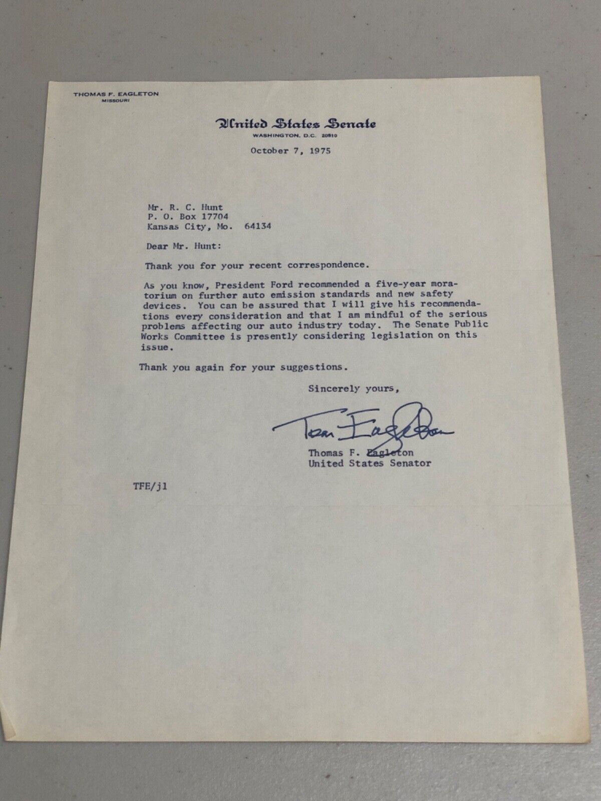 1975 U.S. Senator Thomas Eagleton Signed Correspondence