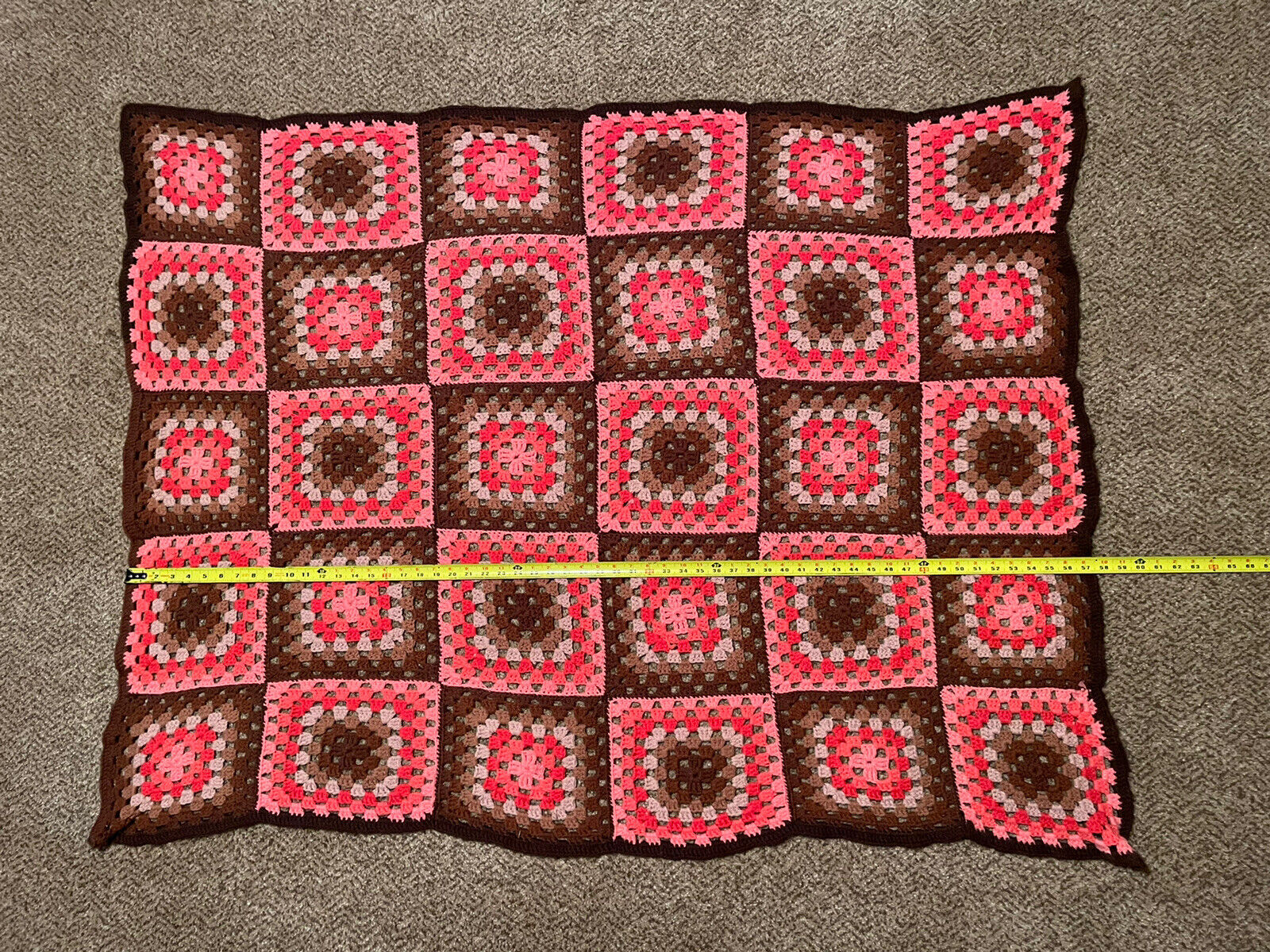 Vintage Crochet Granny Square Pink & Brown Afghan Throw Blanket Handmade 57x44