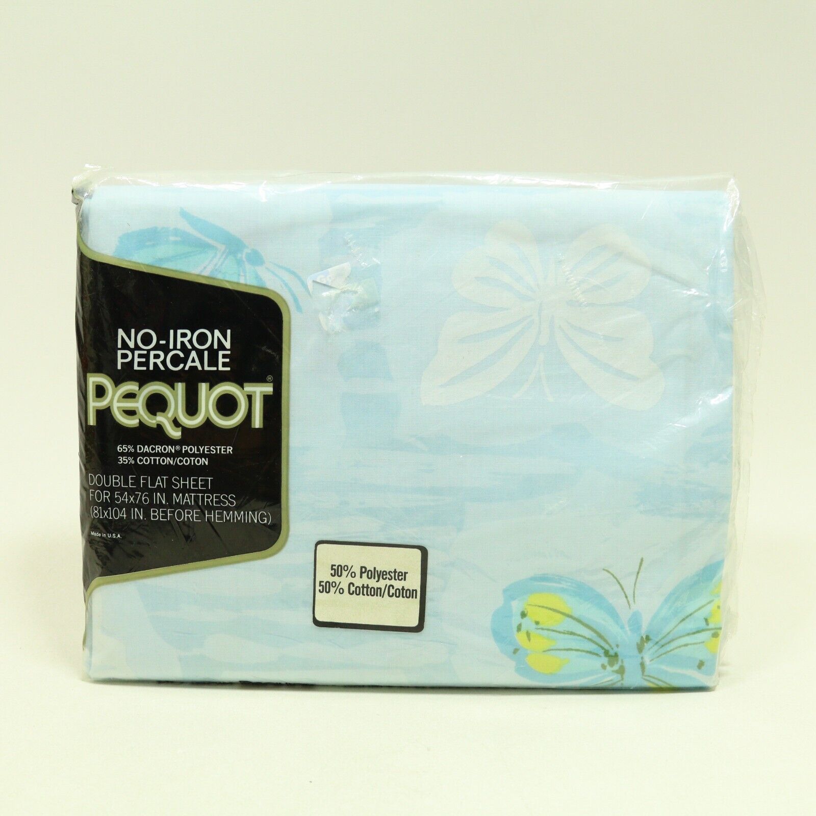 NOS Vintage PEQUOT Blue Butterfly FLUTTER-BUY Double Flat Bed Sheet NEW
