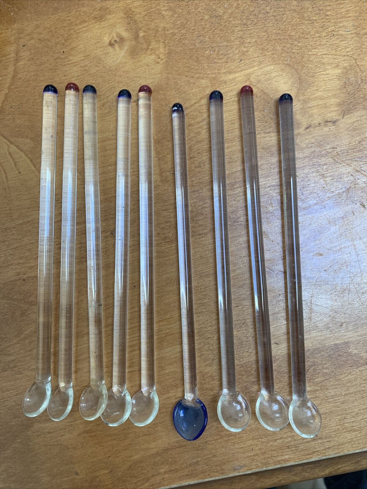 9-Vintage glass swizzle spoons with colored ends￼