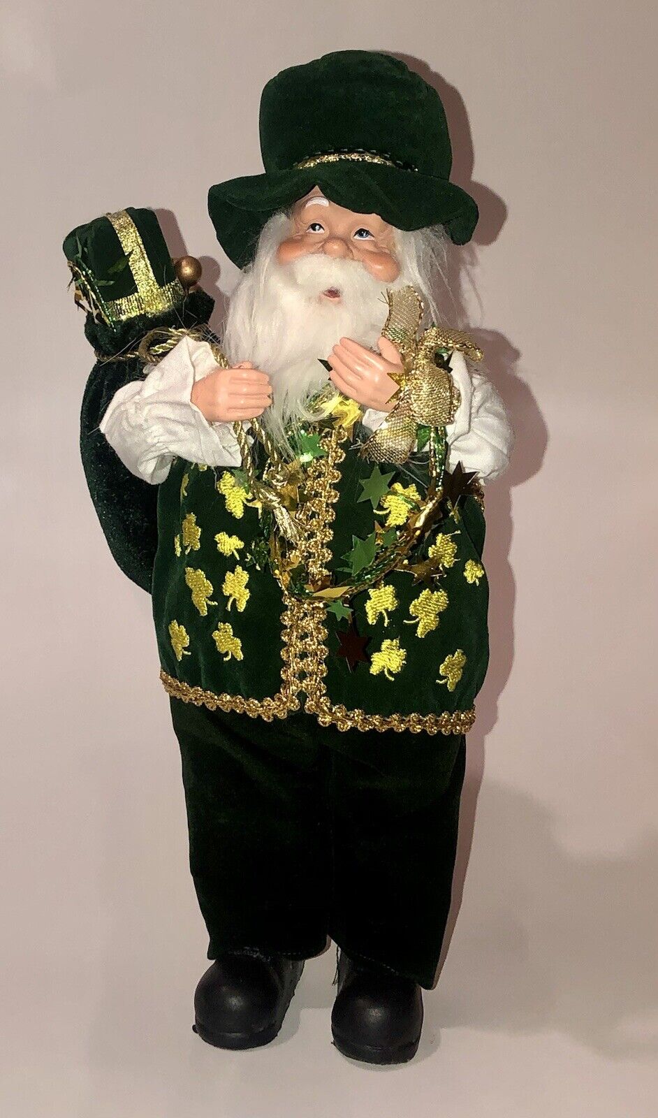 Living Quarters 12” St. Patricks Irish Santa Figure w/Shamrock Coat Green Suit