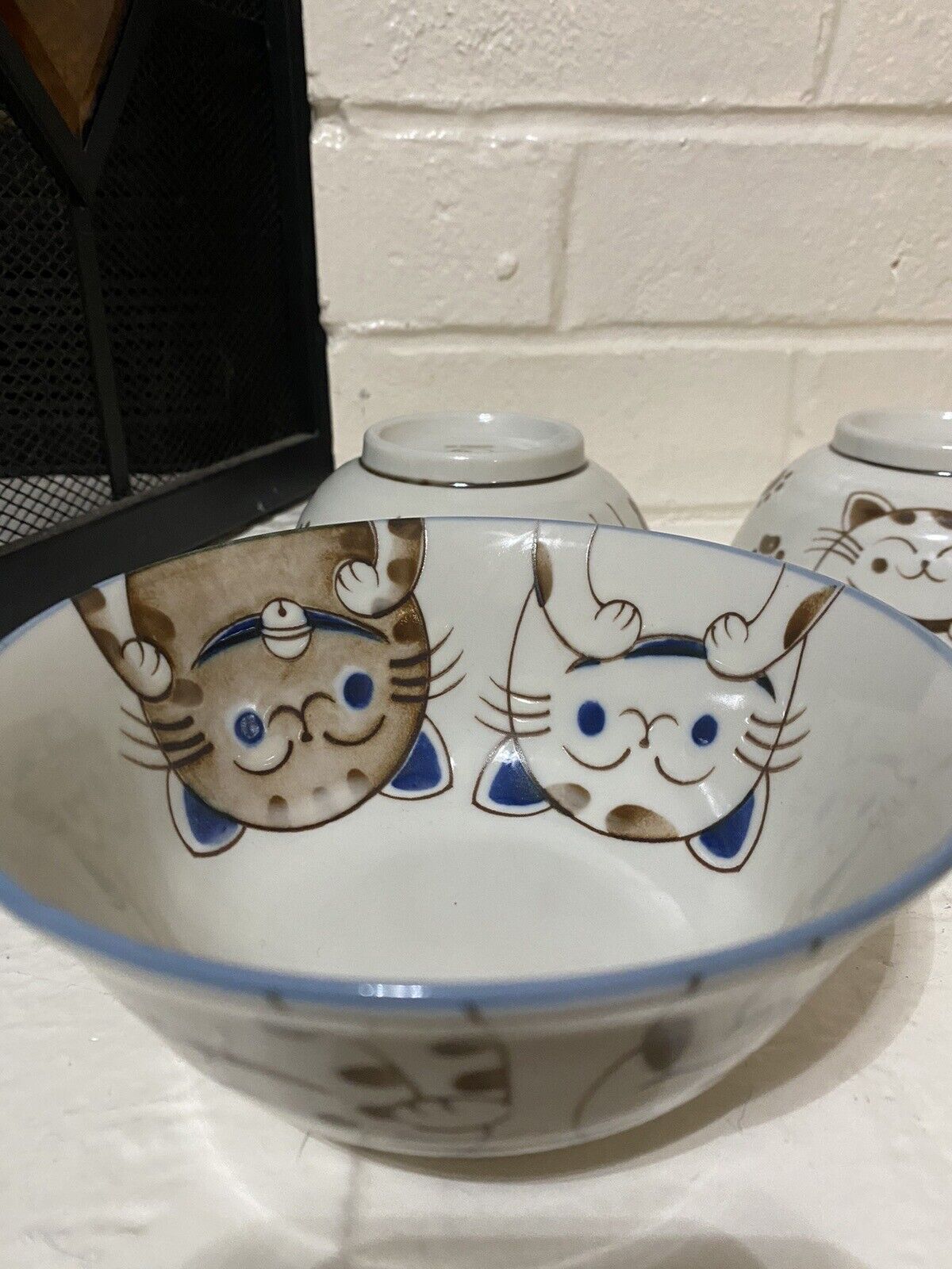 Mino Ware Smiling Cats Blue Japanese Ceramics Soup Ramen Noodle Donburi Bowls, 4