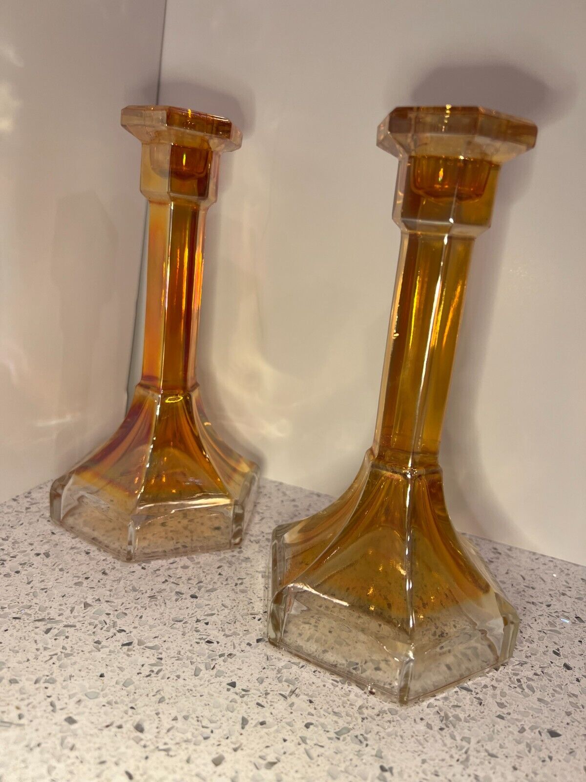 Vintage Marigold Carnival Glass Iridescent Candlesticks Geometric Design Pair 2