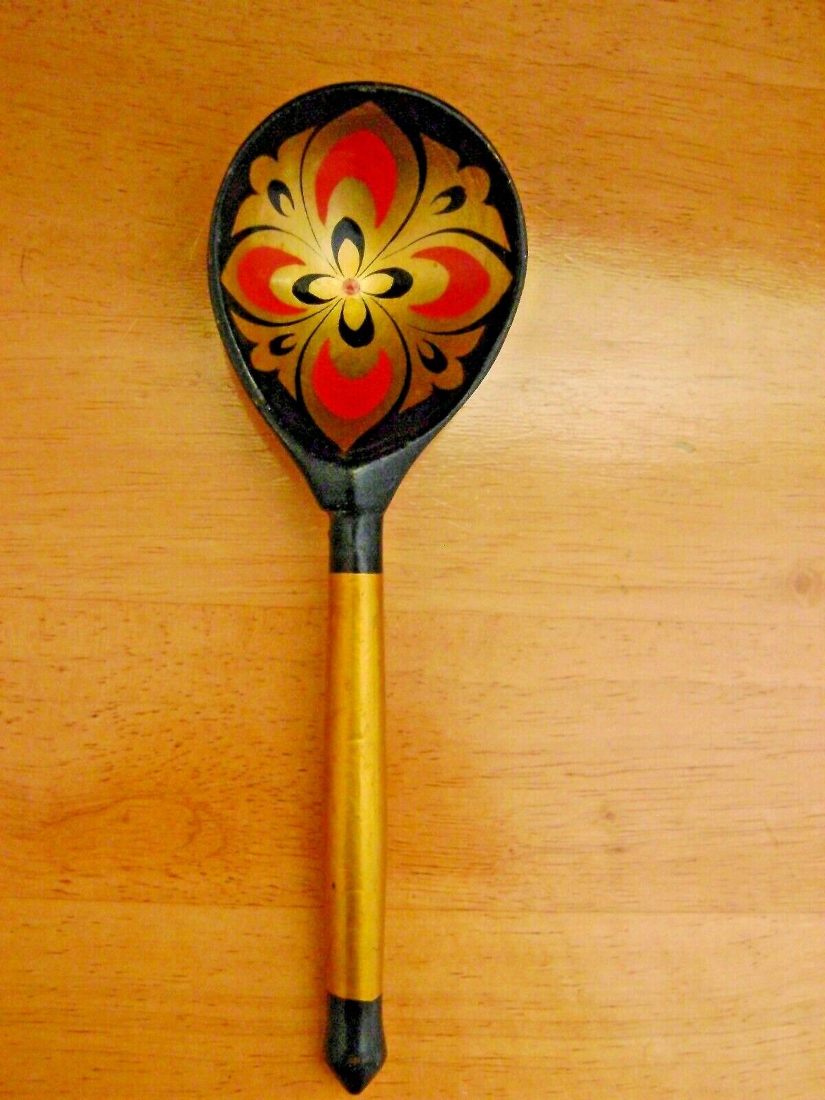 Vintage Russian Khokhloma Wooden Lacquer Spoon Handpainted Soviet USSR