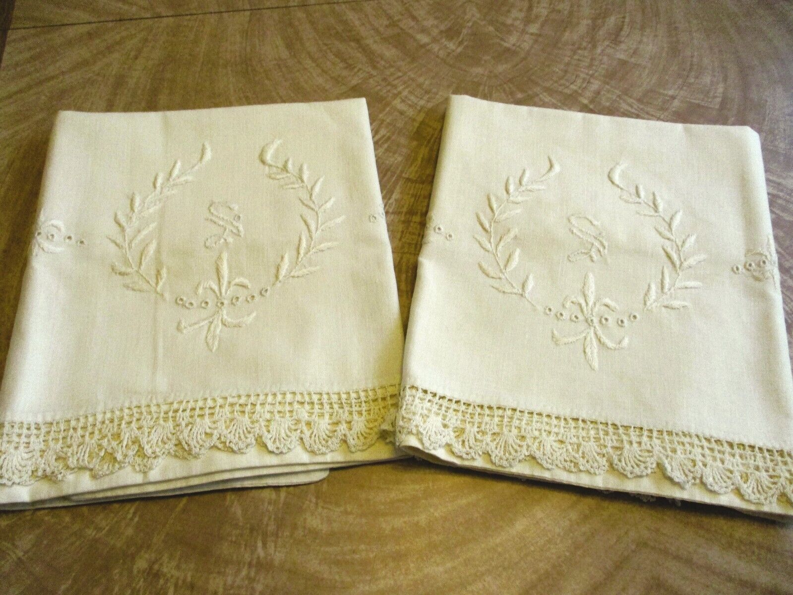 vintage unused hand embroidered & hand crocheted pillowcases fleur di leis