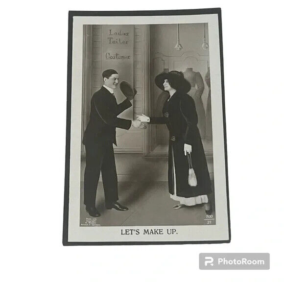 Postcard RPPC Couple Lets Make Up Romantic Vintage A157