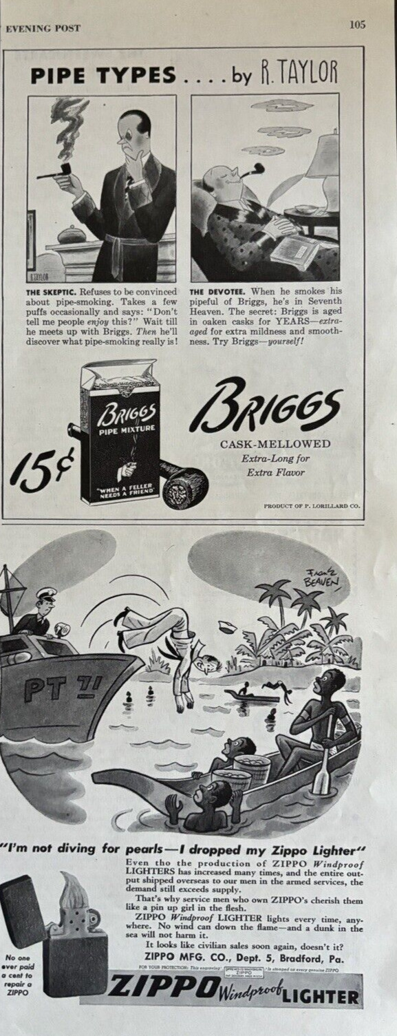 1940s Zippo Windproof Lighter /Briggs Pipe Mixture Cask Vintage 2 Strip Print Ad