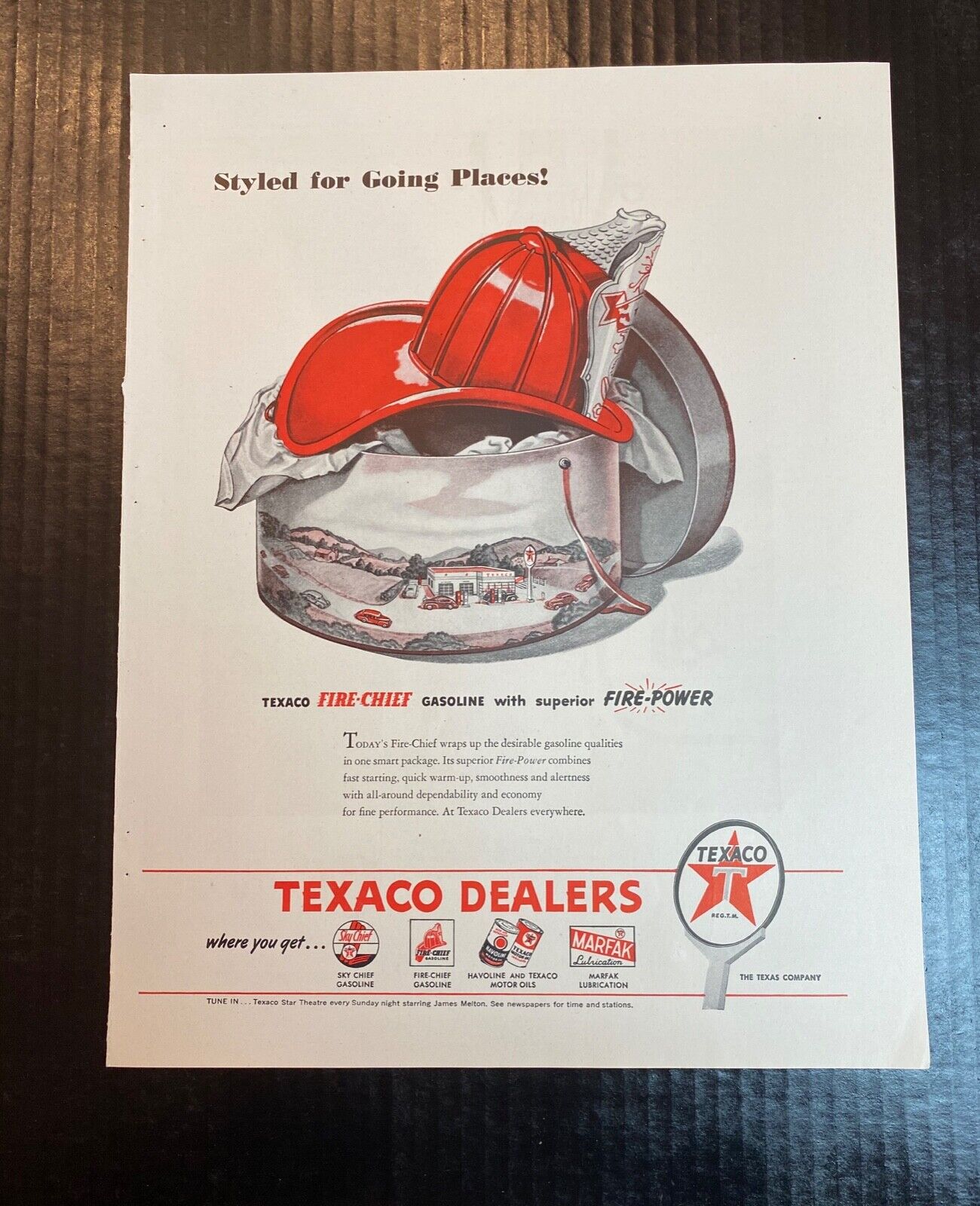 1946 Texaco Dealers Ad Oil Gas New Fire Chief Gasoline Postwar Helmet Logo