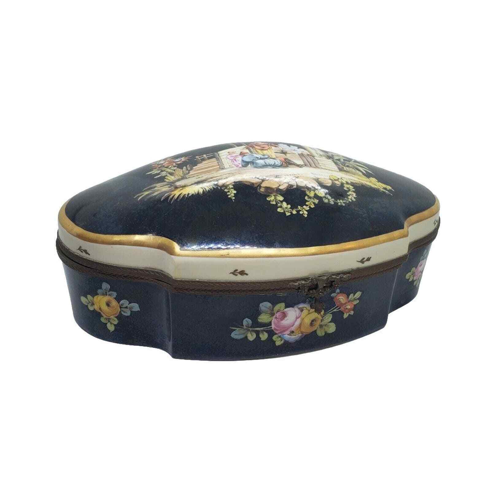 Antique Sevres Style Porcelain Jewelry Casket Box Hand Paint Flowers Asia Scene