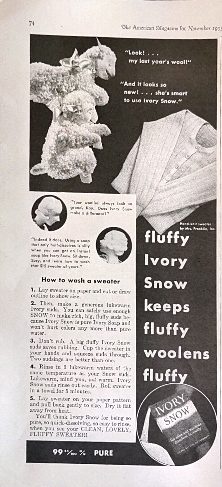 1933 IVORY SNOW Fluffy Ivory Snow Keeps Fluffy Woolens Fluffy Print Ad
