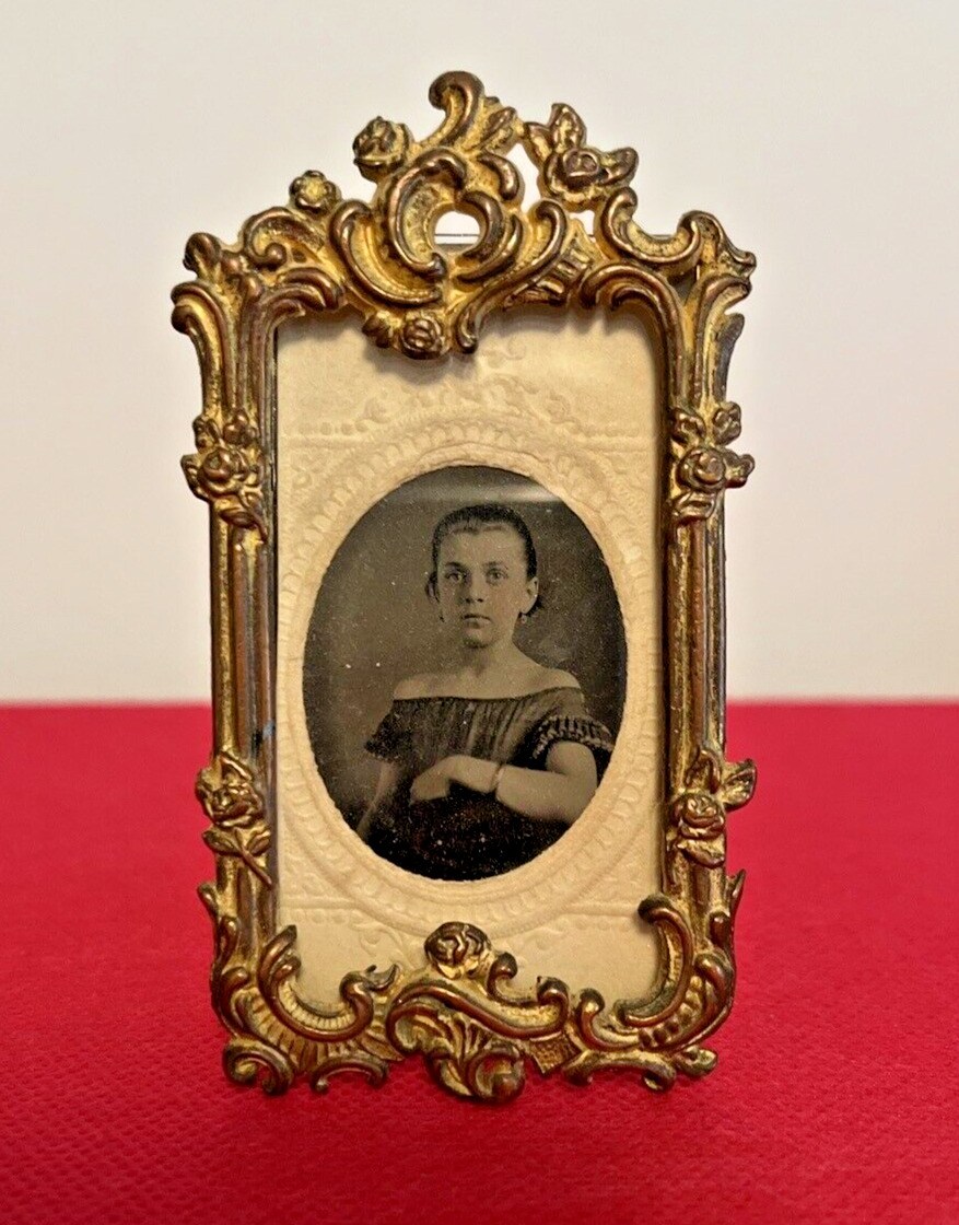 Antique Vintage French Miniature Photo Frame with Tintype and Easel Stand 1880