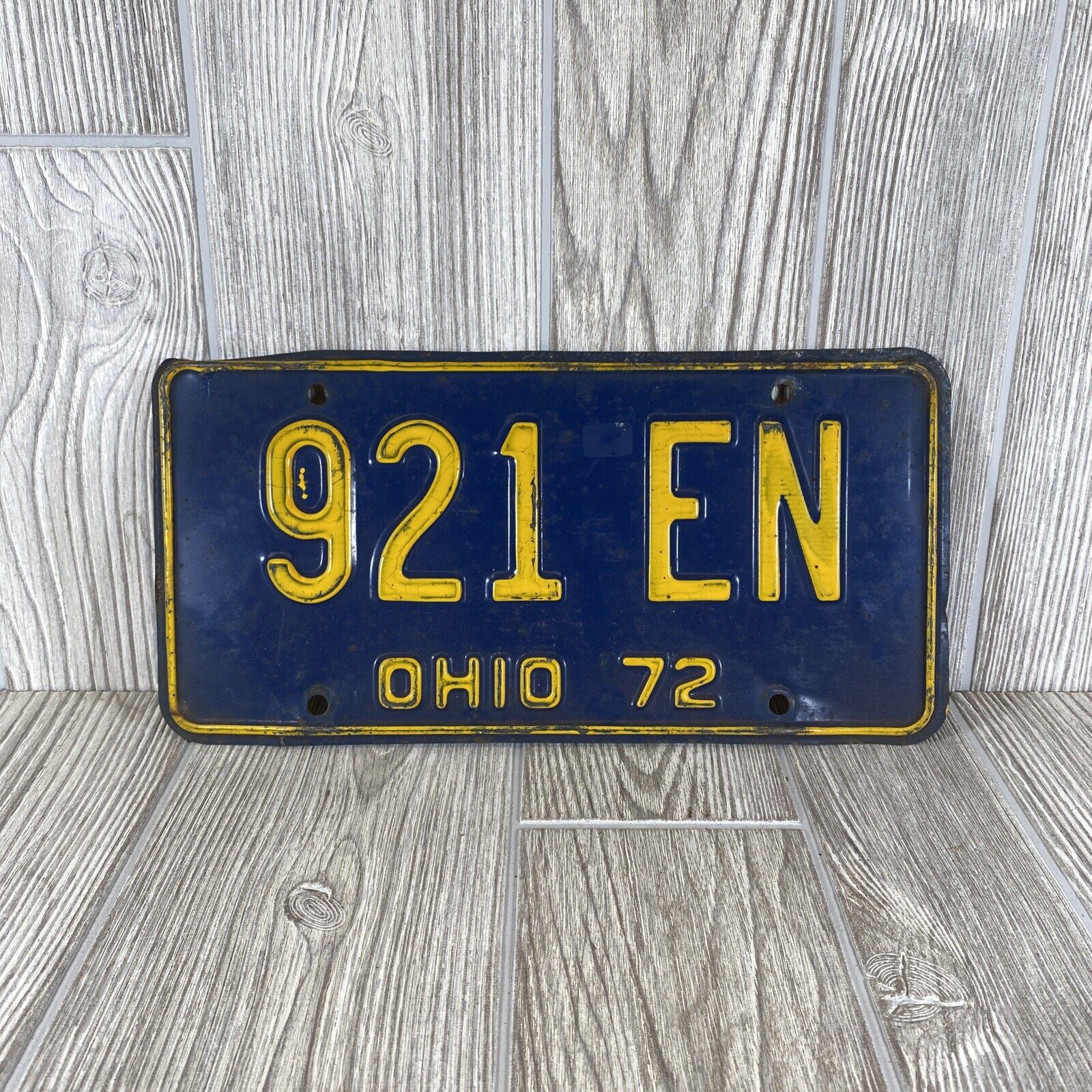 Ohio 1972 License Plate 921 EN Blue Yellow Back Vintage Collectible Automobile