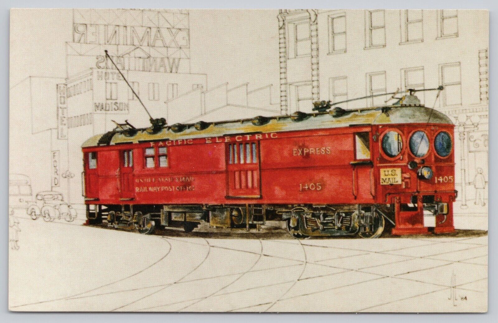 Postcard Interurban Railway Post Office Car #1405 Los Angeles CA