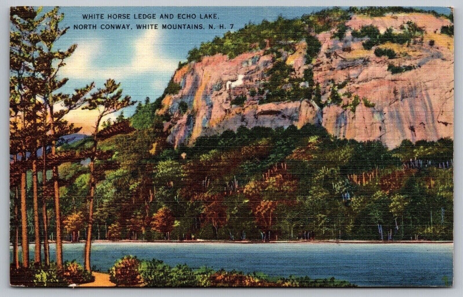 North Conway White Mountains NH Echo Lake White Horse Ledge Linen Postcard
