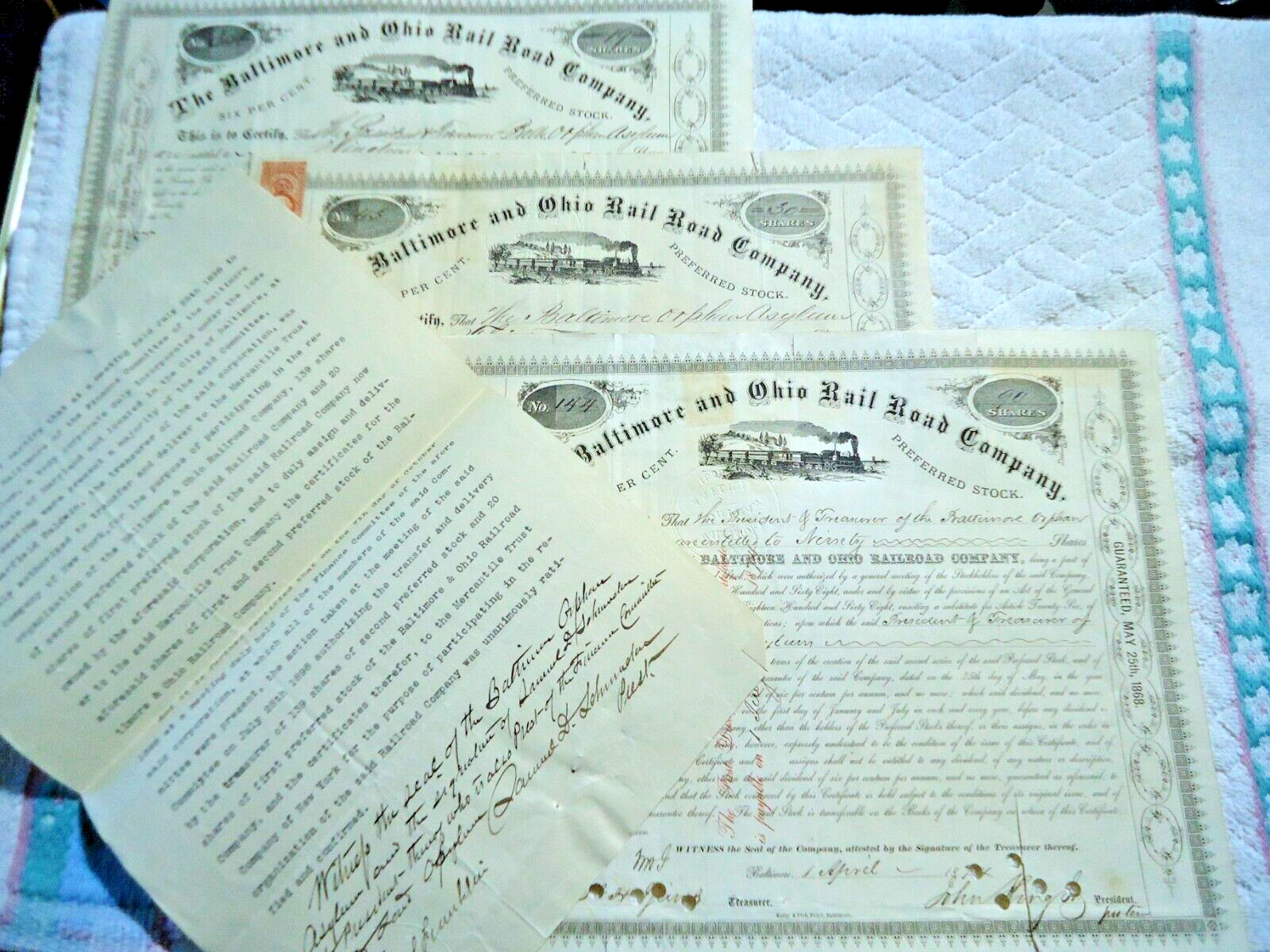 3 - 1875 Baltimore Orphan Asylum & Letter owned B&O RR Stock Certificates w Stam