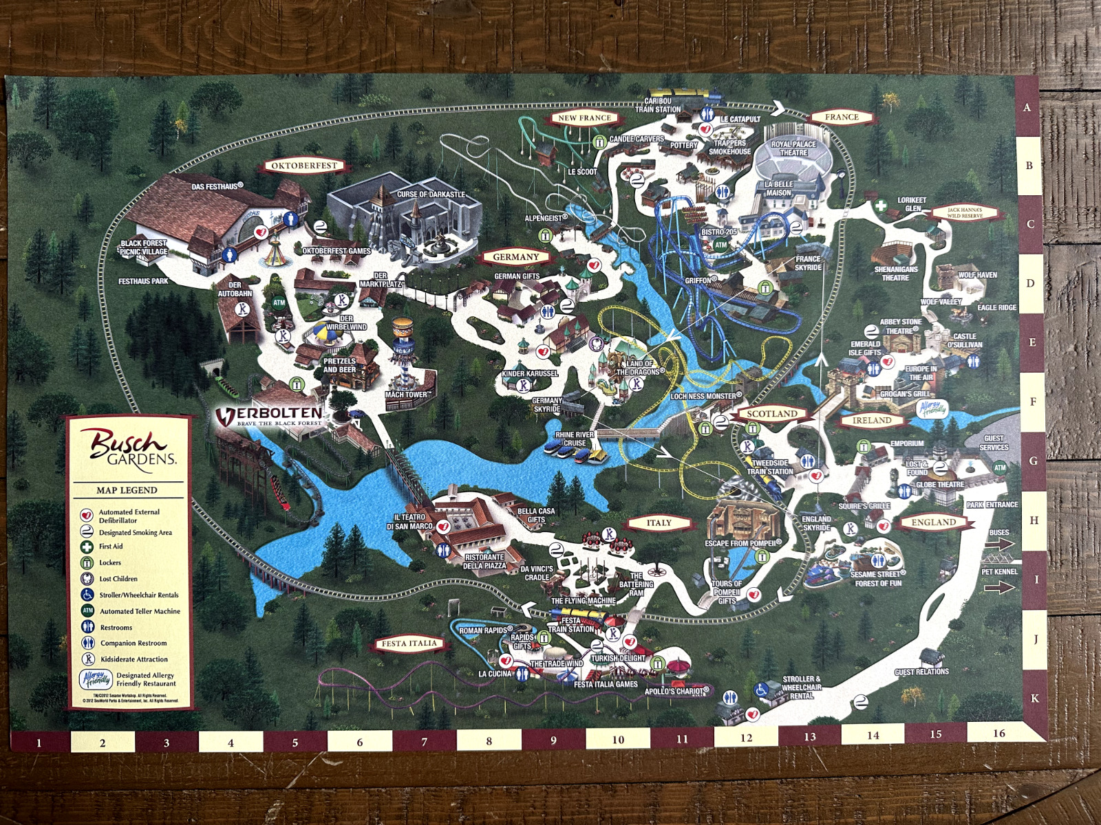 2012 Busch Gardens Williamsburg Theme Park Map / Poster 11x16 (Verbolten)