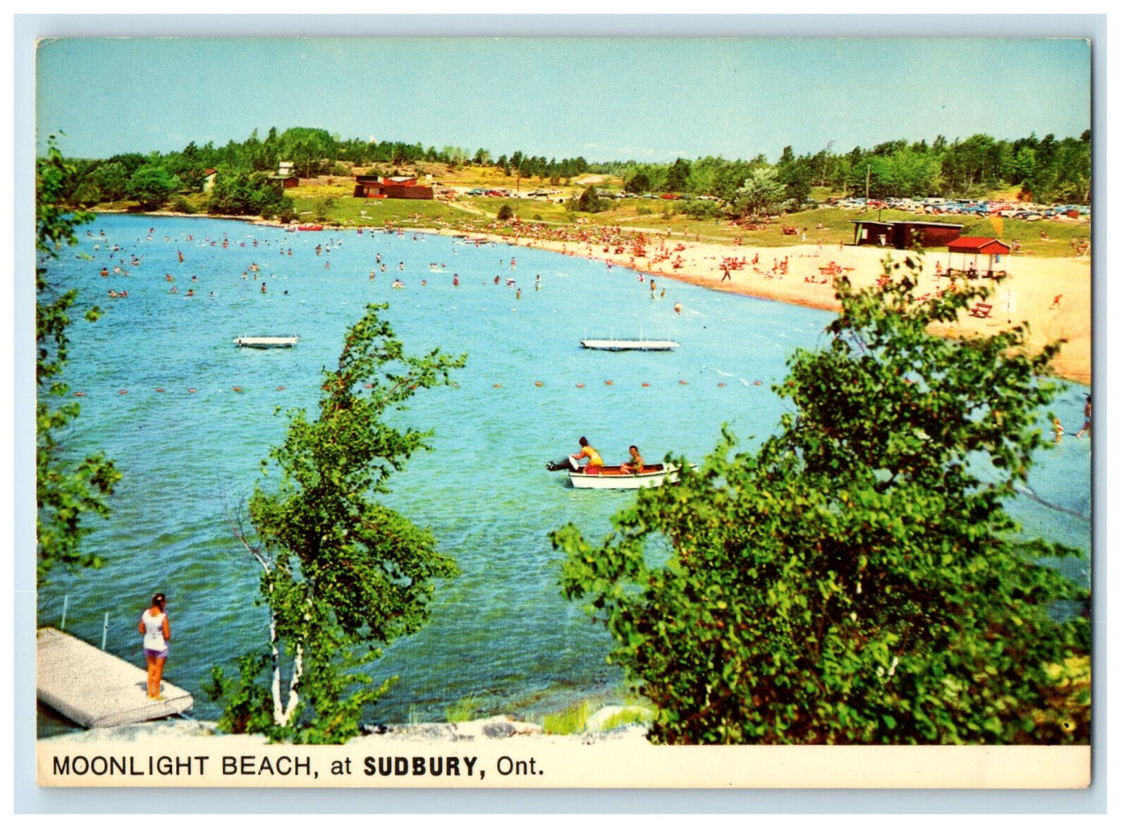 c1960's Bathing Scene, Boat, Moonlight Beach at Sudbury Ontario Canada Postcard