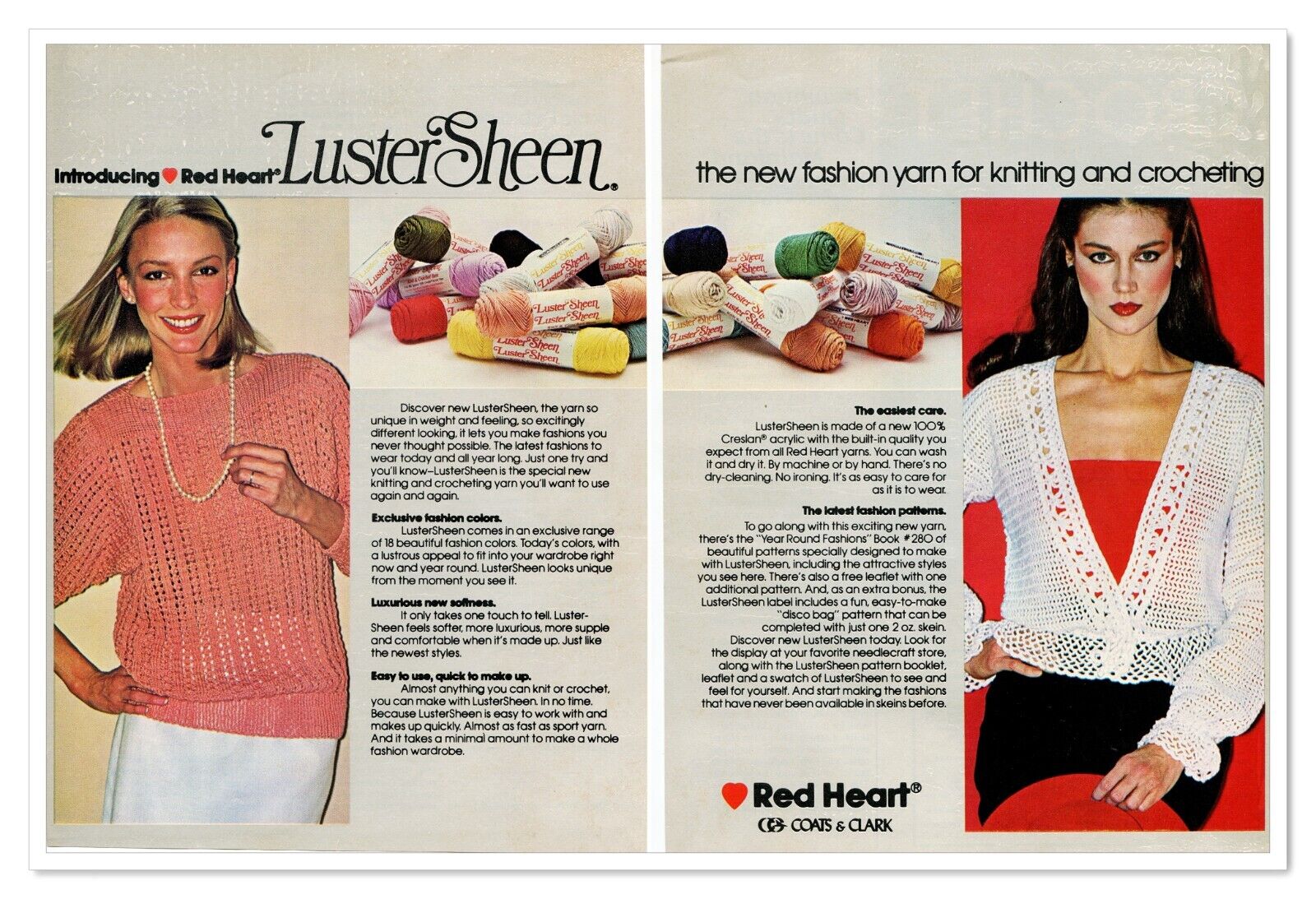 Red Heart Luster Sheen Creslan Yarn Vintage 1980 2-Page Print Magazine Ad