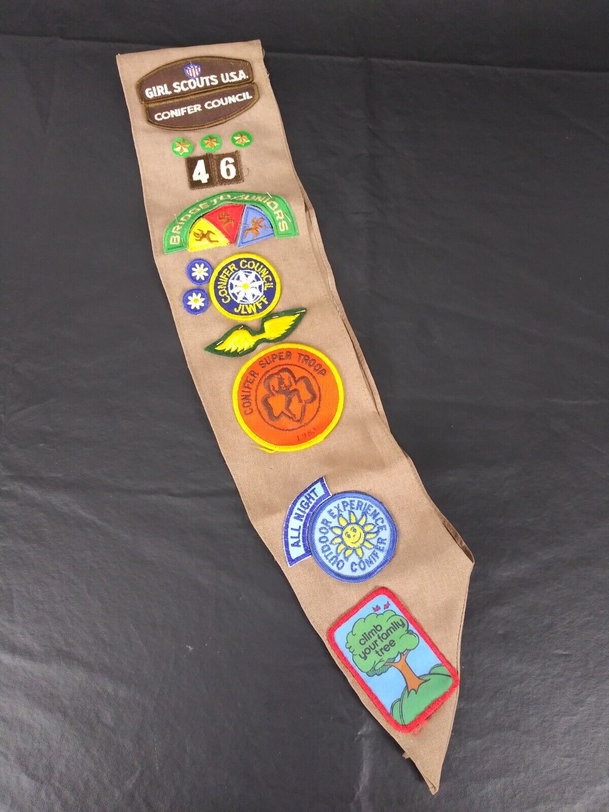 VTG 1983/84 Girl Scouts Brownie Sash Conifer Council WITH Patches Badges Pins