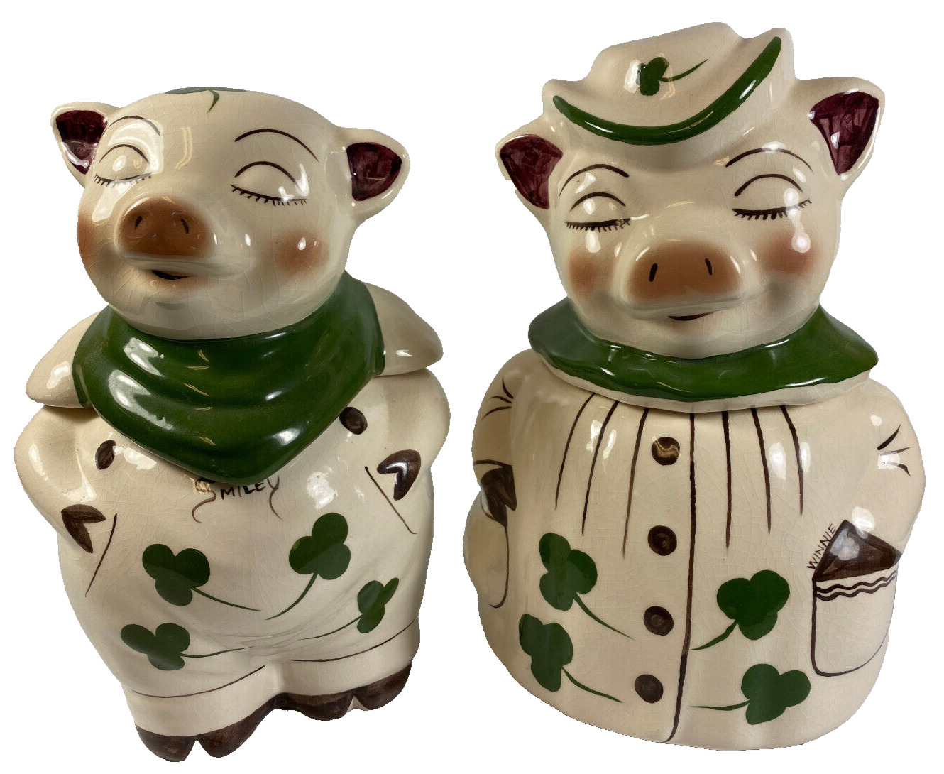 WINNIE & SMILEY PIG MATCHING COOKIE JAR SET - CLOVER LEAF PATTERN - SIGNED USA