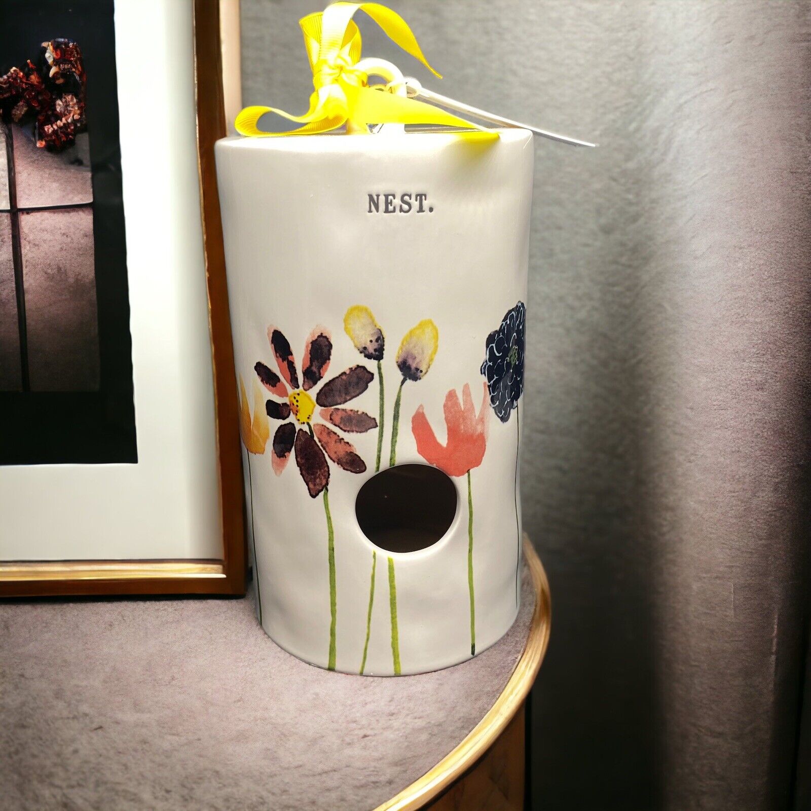 Rae Dunn NEST Multicolor Floral Watercolor Cylinder Ceramic Birdhouse HTF