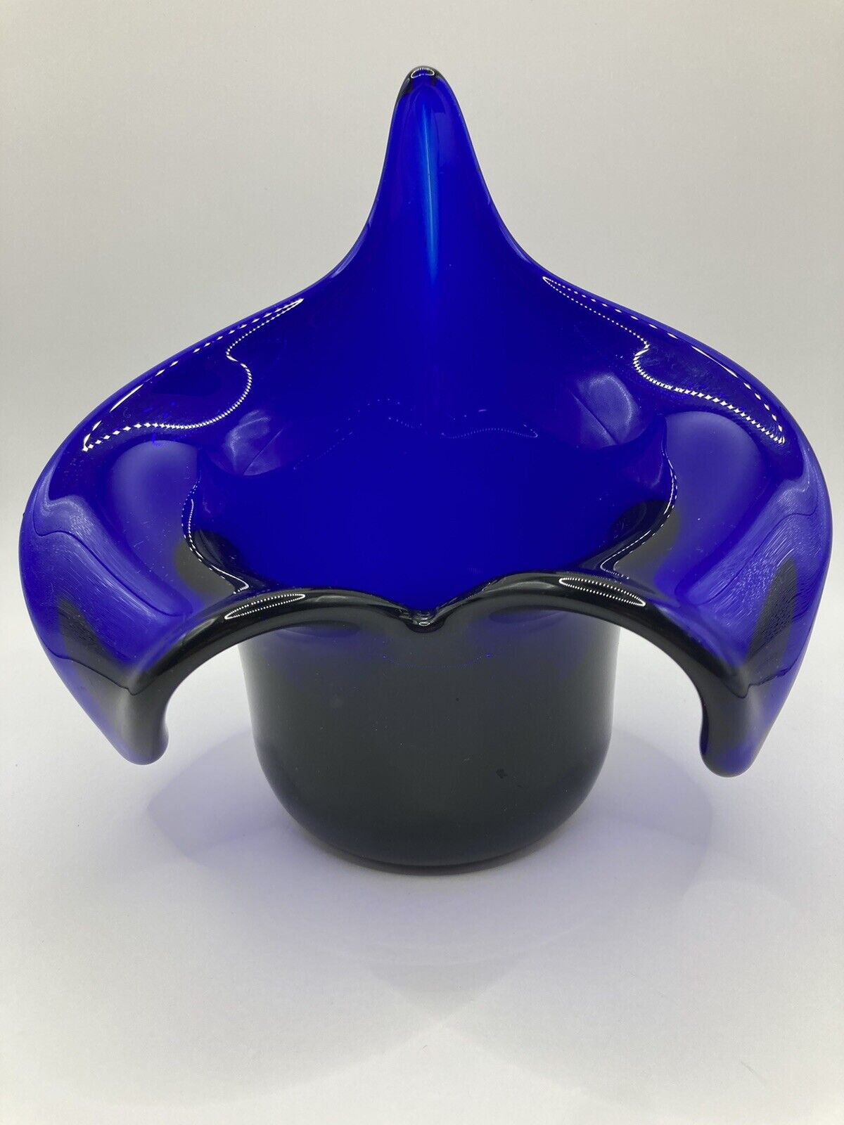Vintage Cobalt Blue Art Glass Jack In The Pulpit Heavy Vase  6.5\