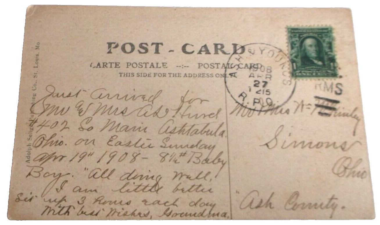 APRIL 1908 NEW YORK CENTRAL NYC ASHTABULA & YOUNGSTOWN RPO HANDLED POST CARD