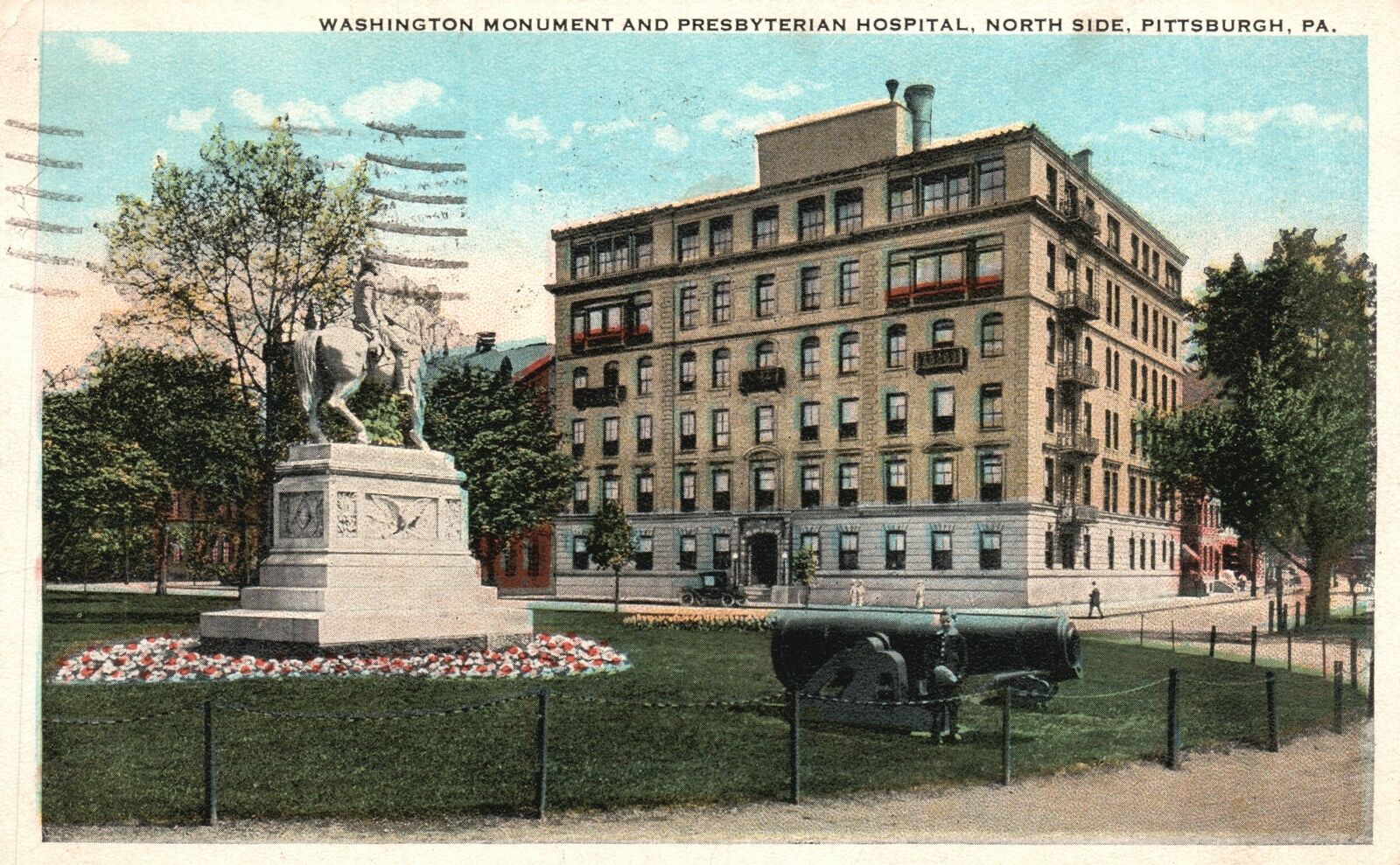 Vintage Postcard 1924 Washington Monument & Presbyterian Hospital Pittsburgh PA