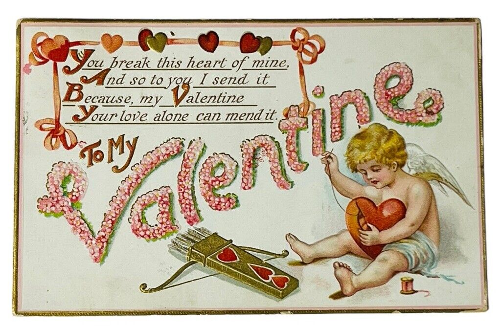 VALENTINE POST CARD CUPID MENDS BROKEN HEART 1910 SEWING MISCHLER OSBORNE KS