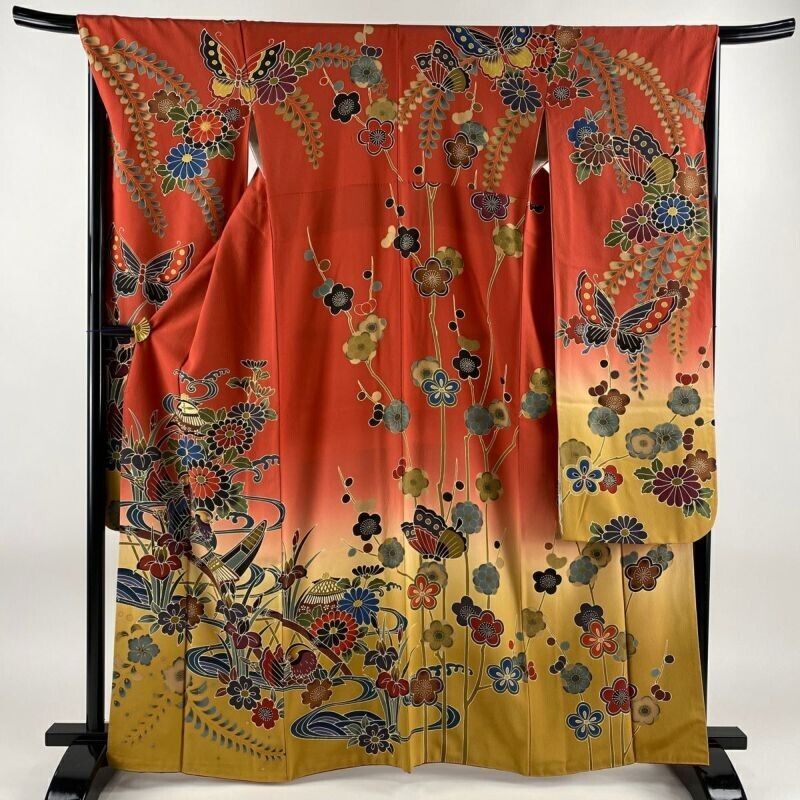 Japanese Kimono Furisode Pure Silk Flower Mandarin Duck Silk Crepe