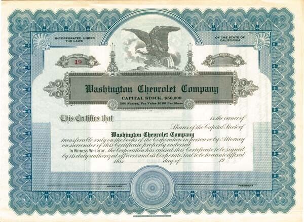 Washington Chevrolet Co. - Stock Certificate - Automotive Stocks