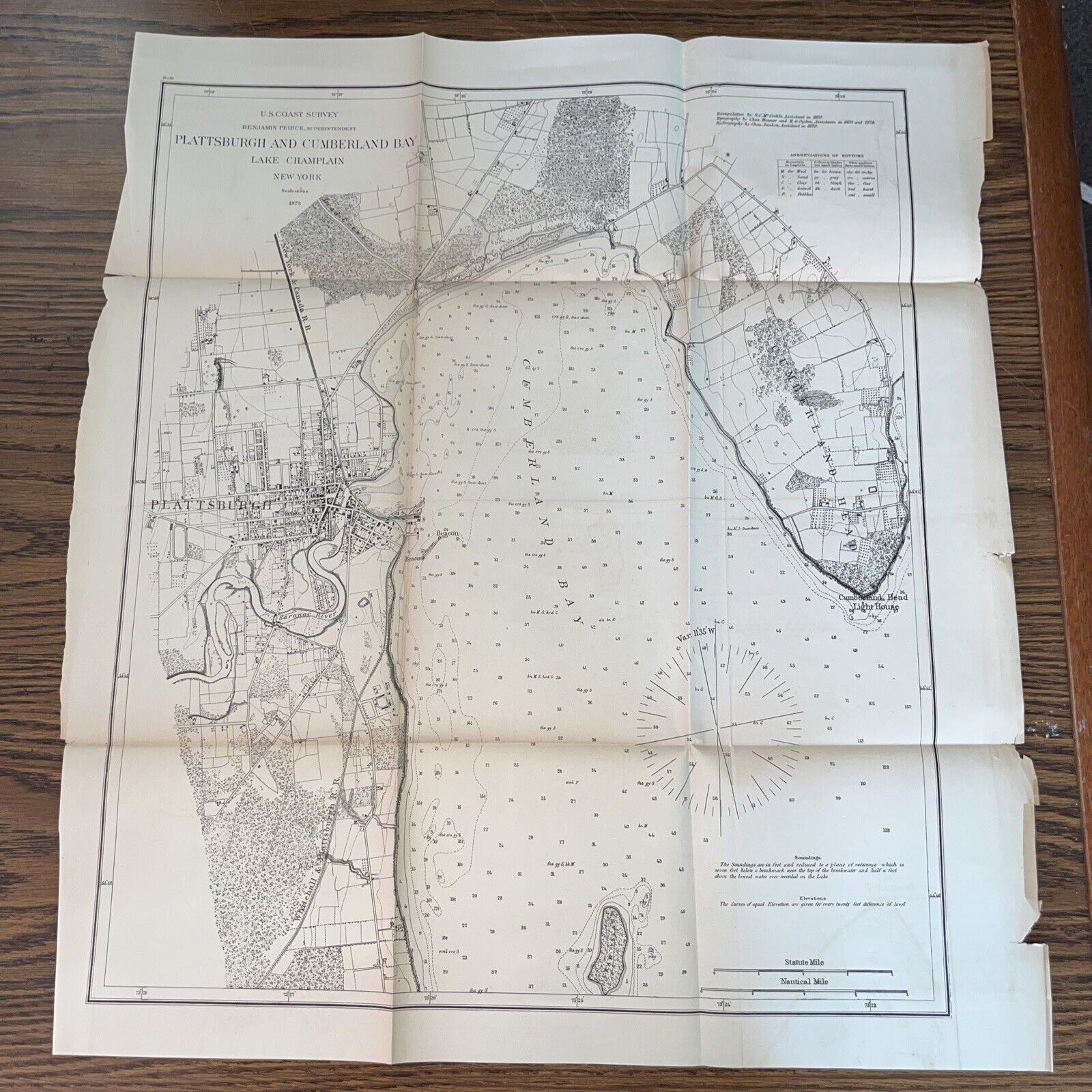1873 US Coast Survey Plattsburgh & Cumberland Bay / Lake Champlain New York NY