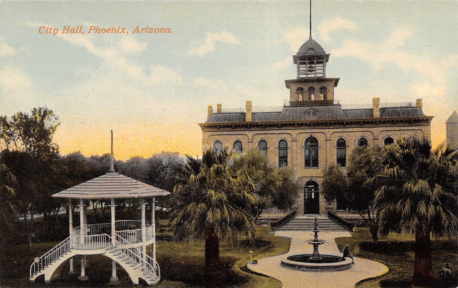 Phoenix Arizona~City Hall~Fountain~Grand Staircase to Band Stand~1912 Postcard