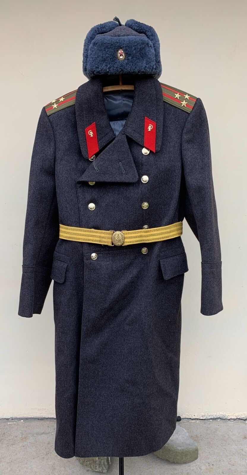 Vintage Soviet military wool overcoat, ceremonial belt and hat, rank  colonel.