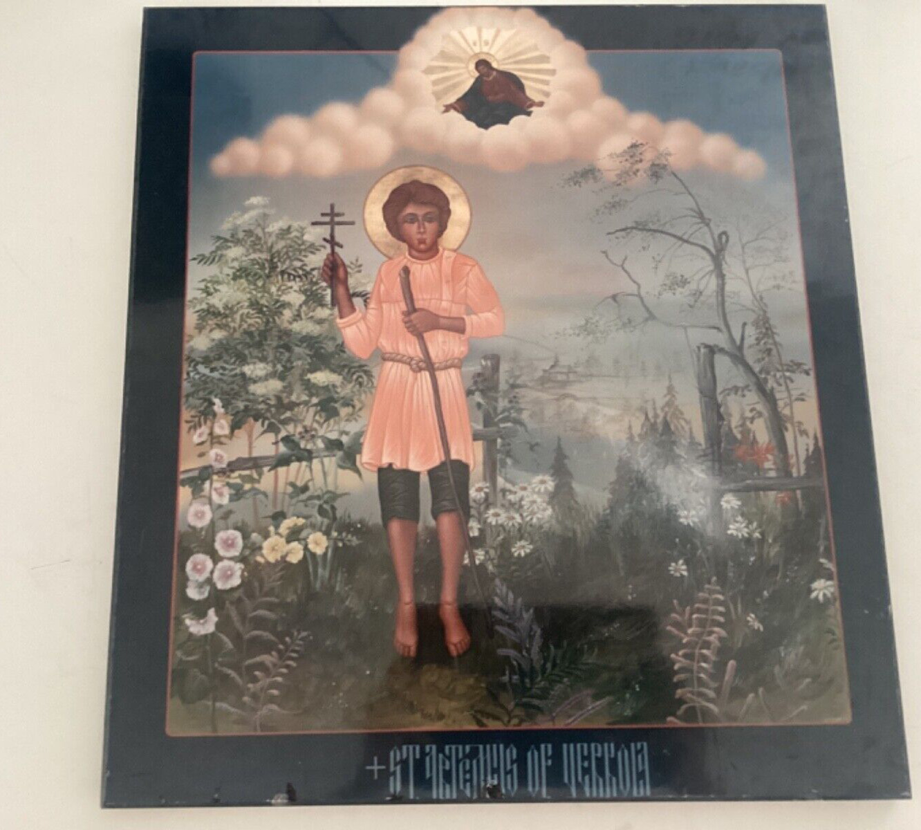Vintage St Artemius Of Verkola with Jesus Laminated Painting on Wood