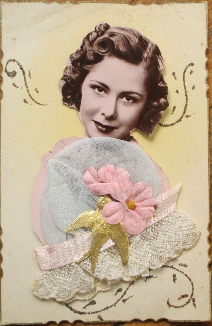 Silk Bonnet 1930 Novelty French Fantasy Postcard, Applied Hat, Realphoto Woman 1