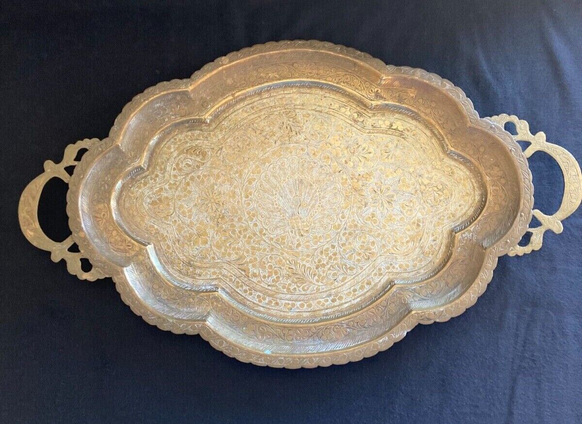 Vintage Indian Brass Ornate Engraved Peacock Tea Tray Platter 19.5\