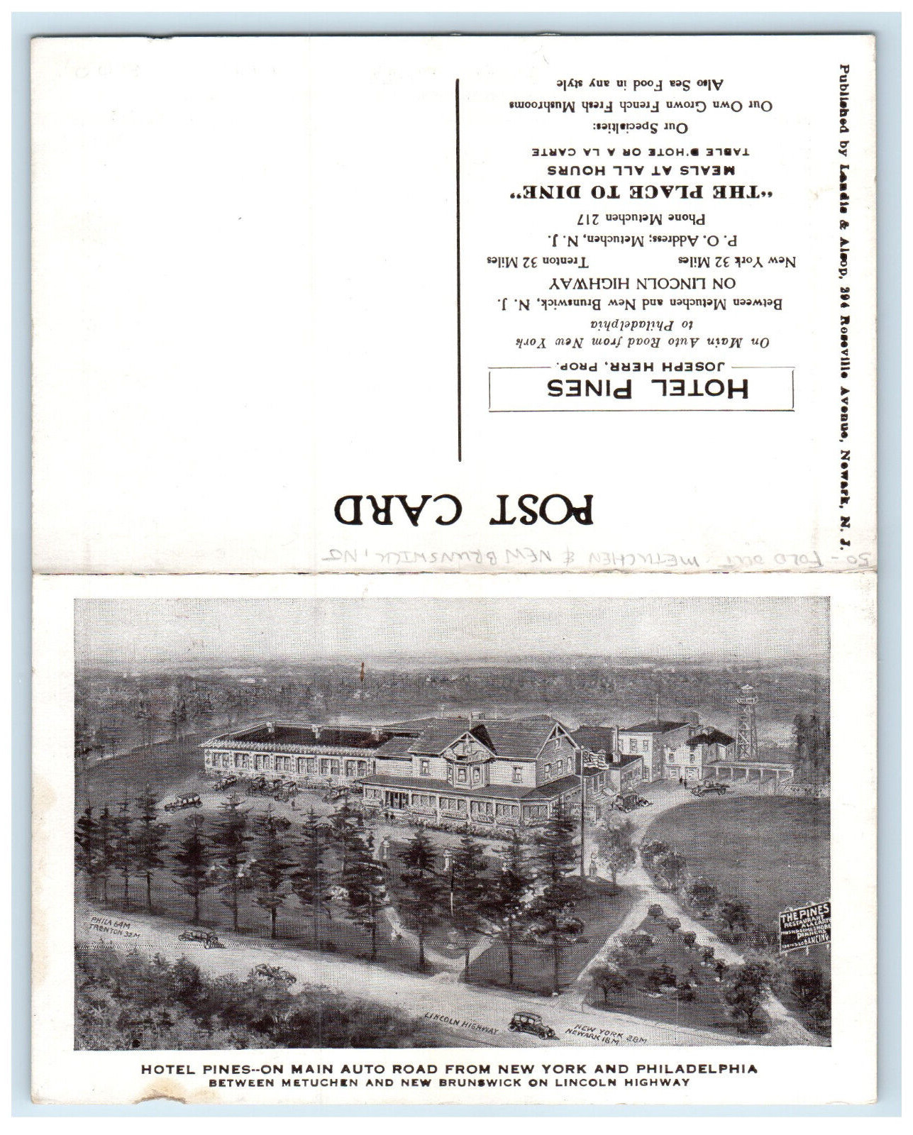c1930s Hotel Pines Fold Out, Metuchen & New Brunswick New Jersey NJ Postcard