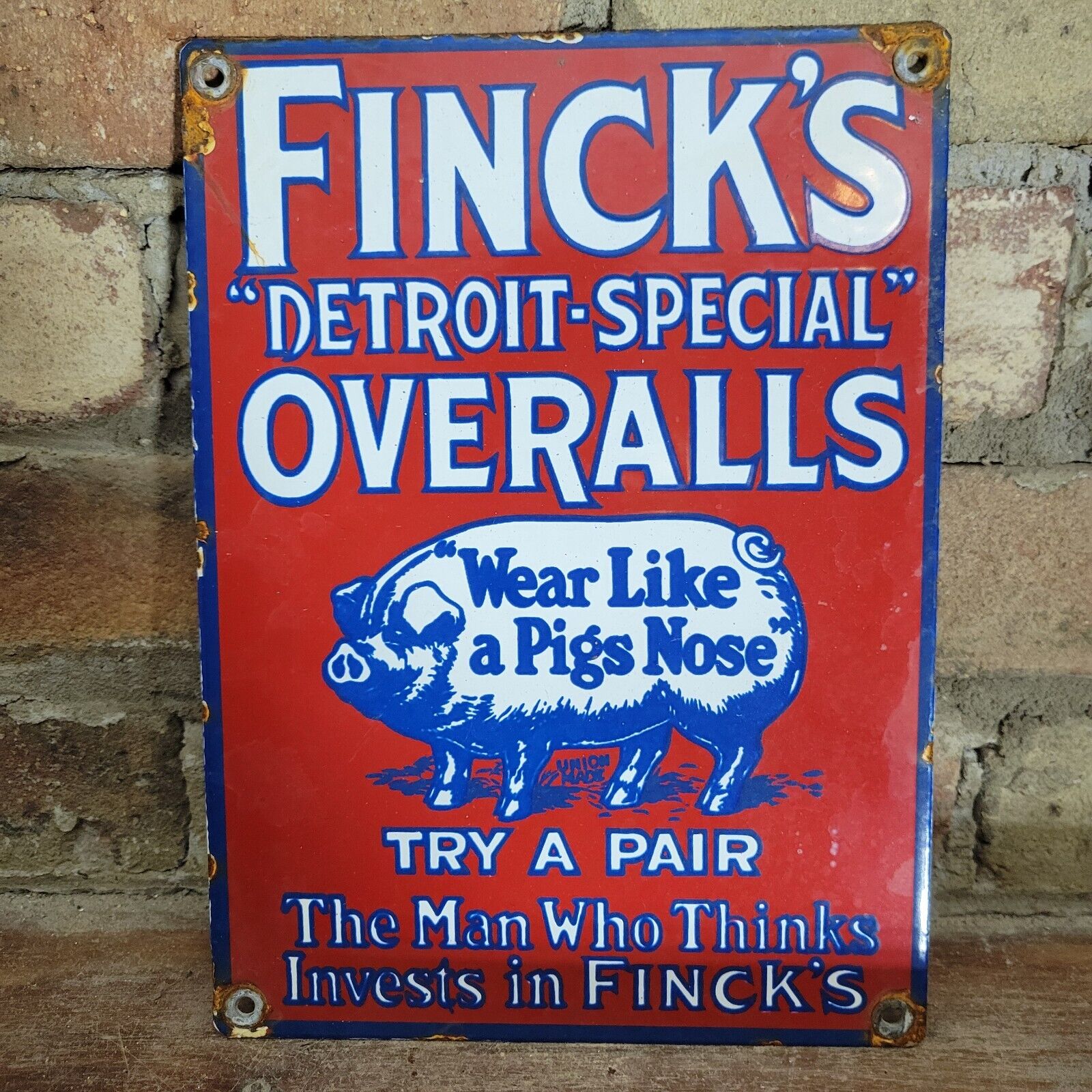 OLD FINCK\'S OVERALLS PORCELAIN CLOTHING ADVERTISING SIGN DETROIT-SPECIAL 9\