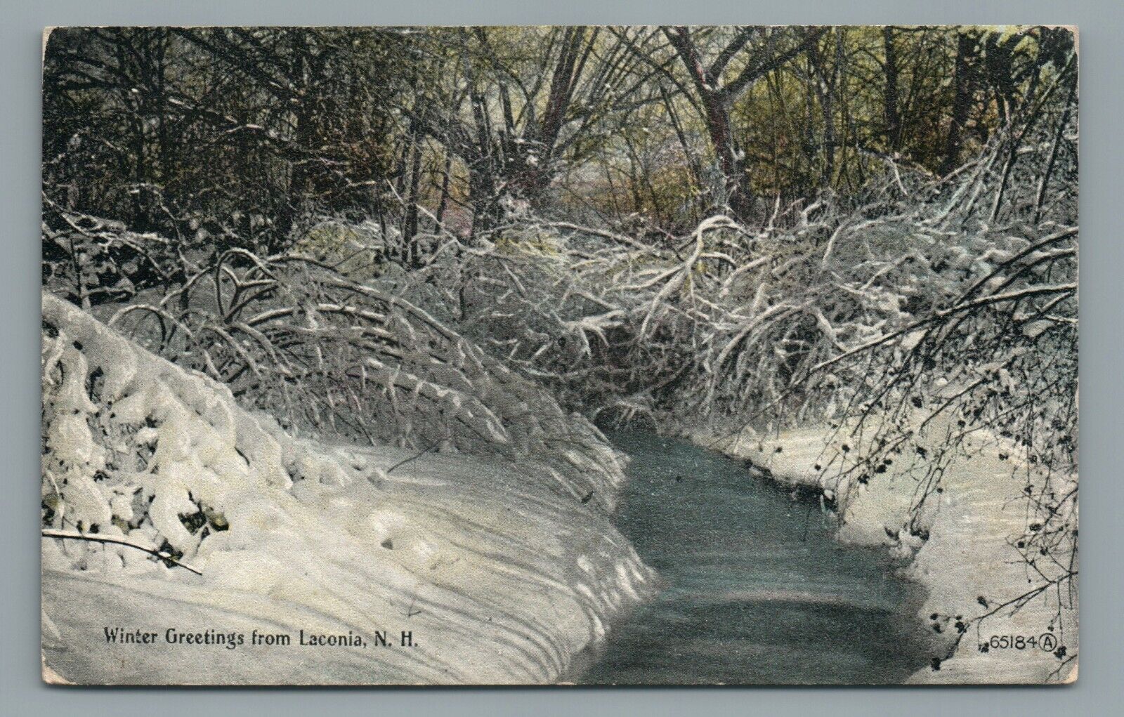 Winter Greetings from Laconia NH New Hampshire Snowy Brook Vintage Postcard 1912