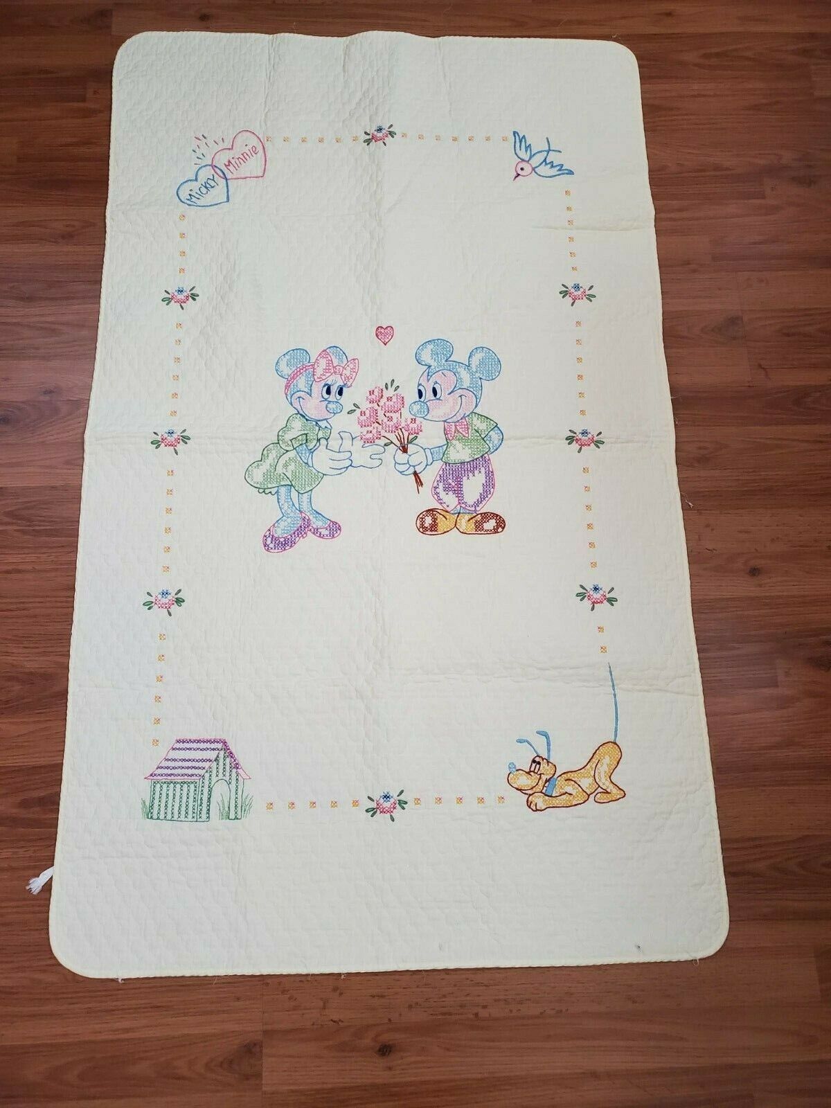Vintage 70s Disney Needlecraft Crib Blanket Mickey Minnie Cross Stitch Yellow 