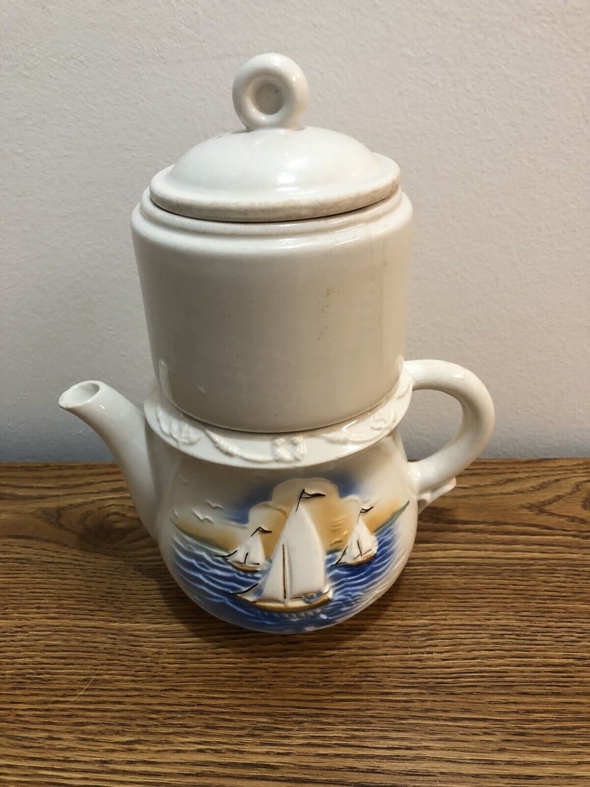 Vintage 4 pc Porcelier French Drip Earthen Coffee Pot - Nautical Sailboat