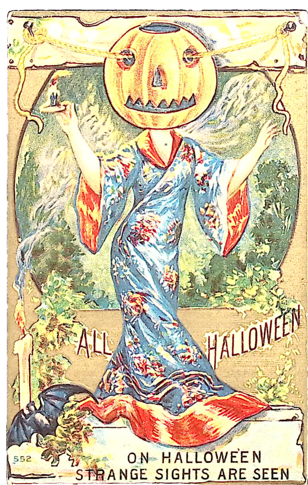 1913 Halloween Postcard 552 Strange Sight Woman Wears Kimono Jack O Lantern Head