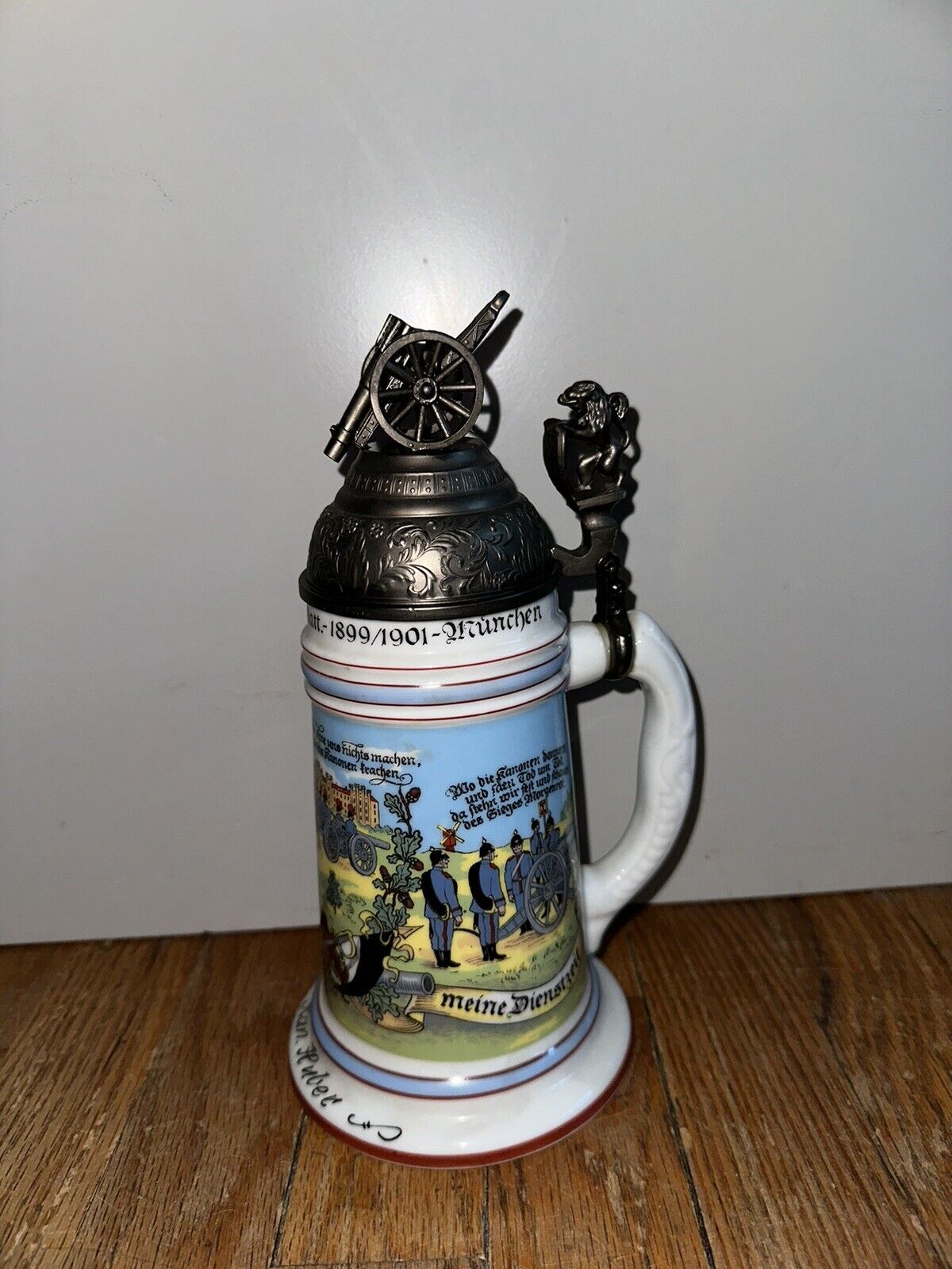 Antique German Beer Stein / Military with Cannon Lid - Collectible