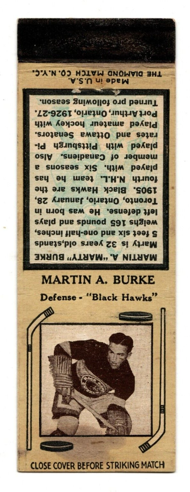 MARTIN BURKE matchbook matchcover - 1935-36 DIAMOND HOCKEY CHICAGO BLACK HAWKS