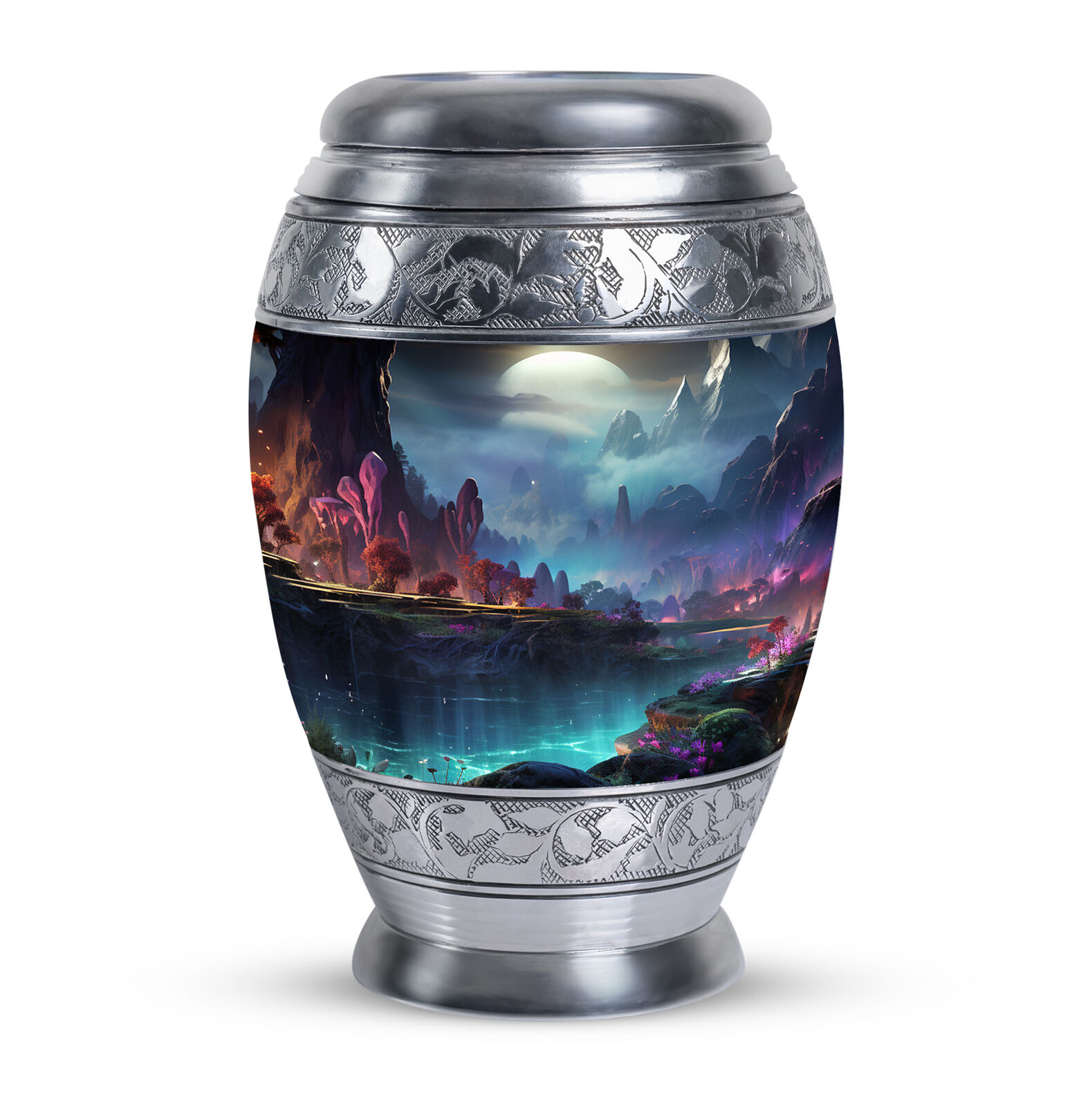 A Painting Of A Fantasy Forest With A River And A Full Moon (10 Inch) Large Urn
